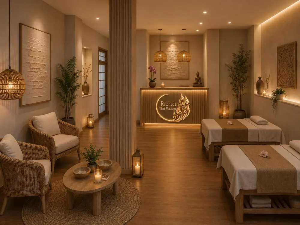Sala de tractaments de Ratchada Thai Massage a Girona, amb llum càlida i lliteres